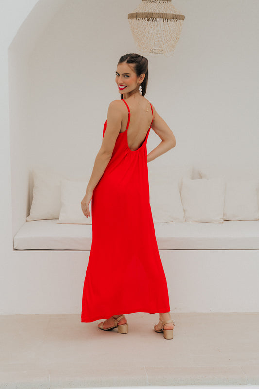 Vestido Longo Quadrado Cereja